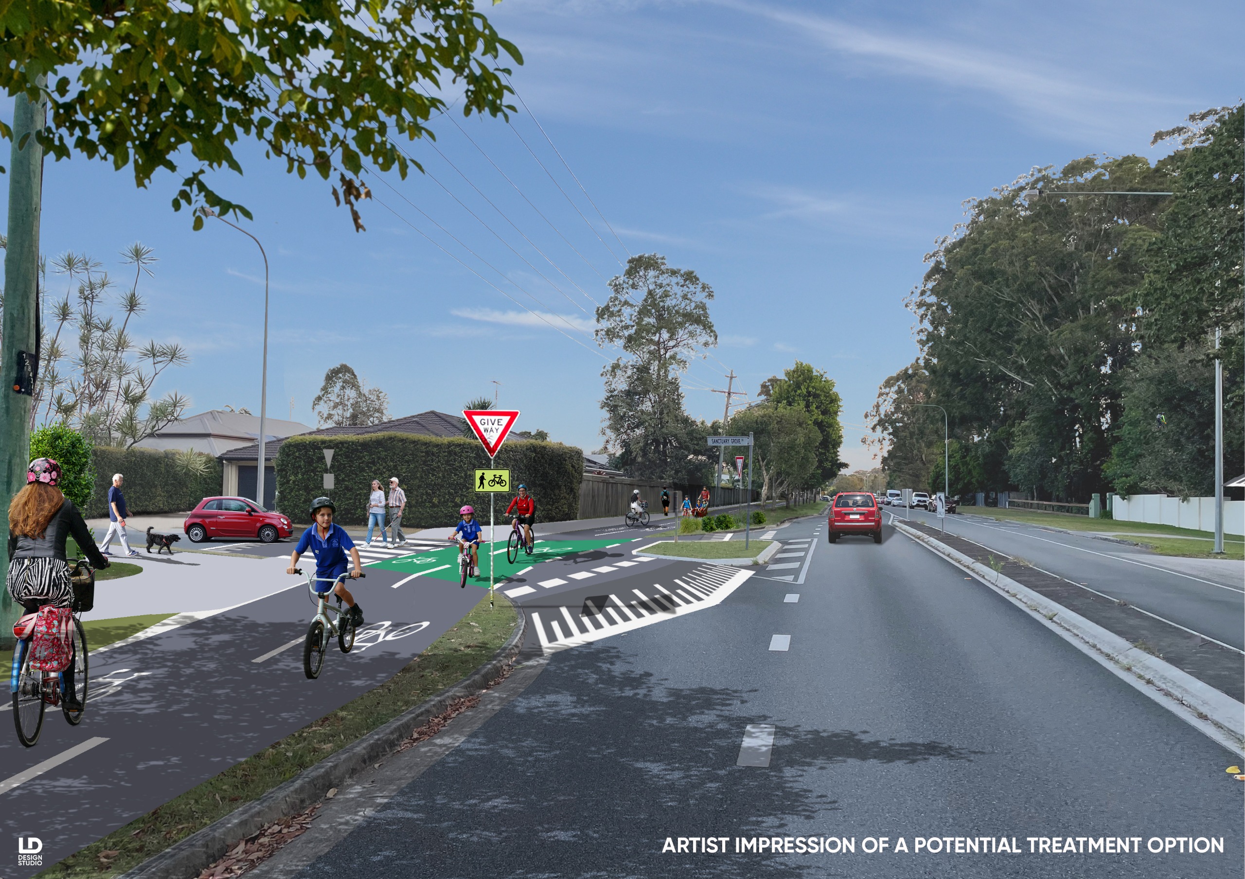 After: This artist impression aims to illustrate an example of active transport infrastructure along Stringybark Road. This example demonstrates an inclusive walking and riding outcome for people of all ages and abilities.
