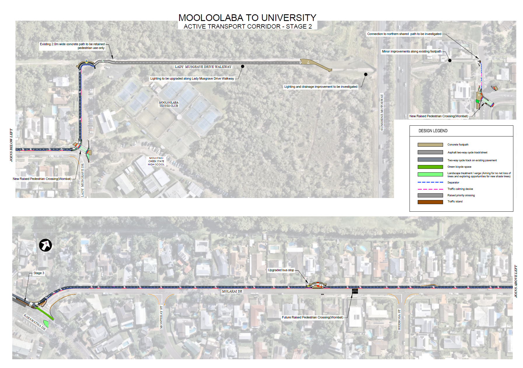 A design map for Stage 2 of the Mooloolaba to University Active Transport Corridor. The layout includes key streets and landmarks such as Lady Musgrave Drive, Hermosa Street, Monteray Street, Molakai Drive, Karawatha Drive, Sunshine Motorway, Mooloolaba T