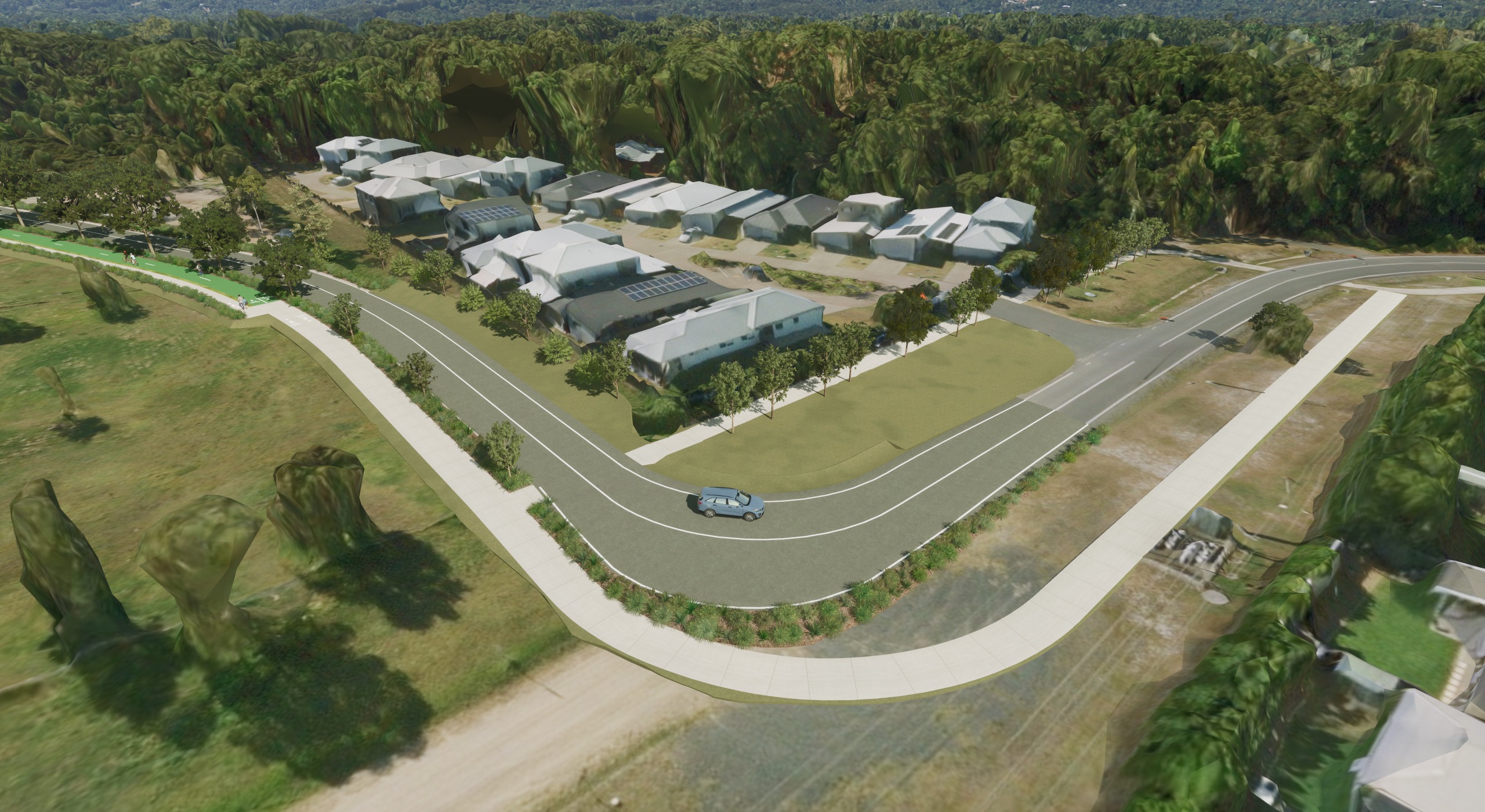 Artist impression showing Interim arrangement at Power Road with shared pathway – Long term upgrade to Power Road proposes traffic signals with separated walking and riding pathways and crossings at Goshawk Boulevard intersection