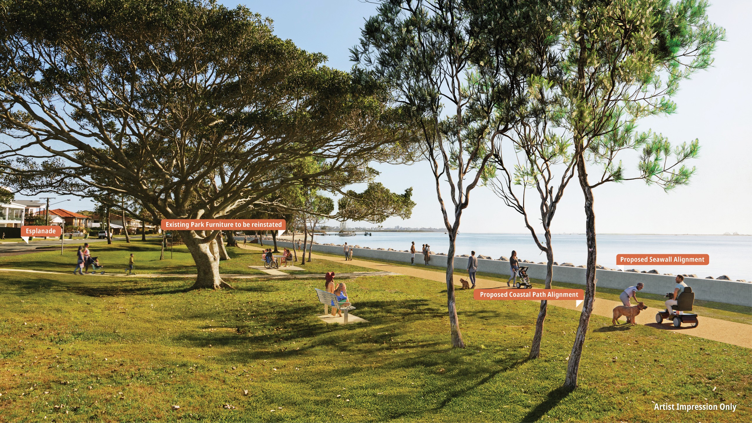 After: artist impression of the same area that shows esplanade, existing park furniture to be reinstated, proposed seawall alignment, proposed coastal path alignment