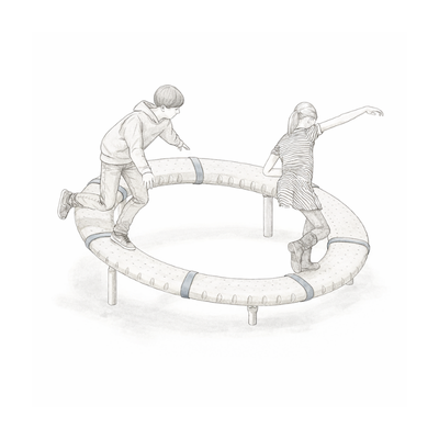 Two children play on a circular, elevated platform, one balancing while the other runs. The scene is sketched in a simple, monochrome style.