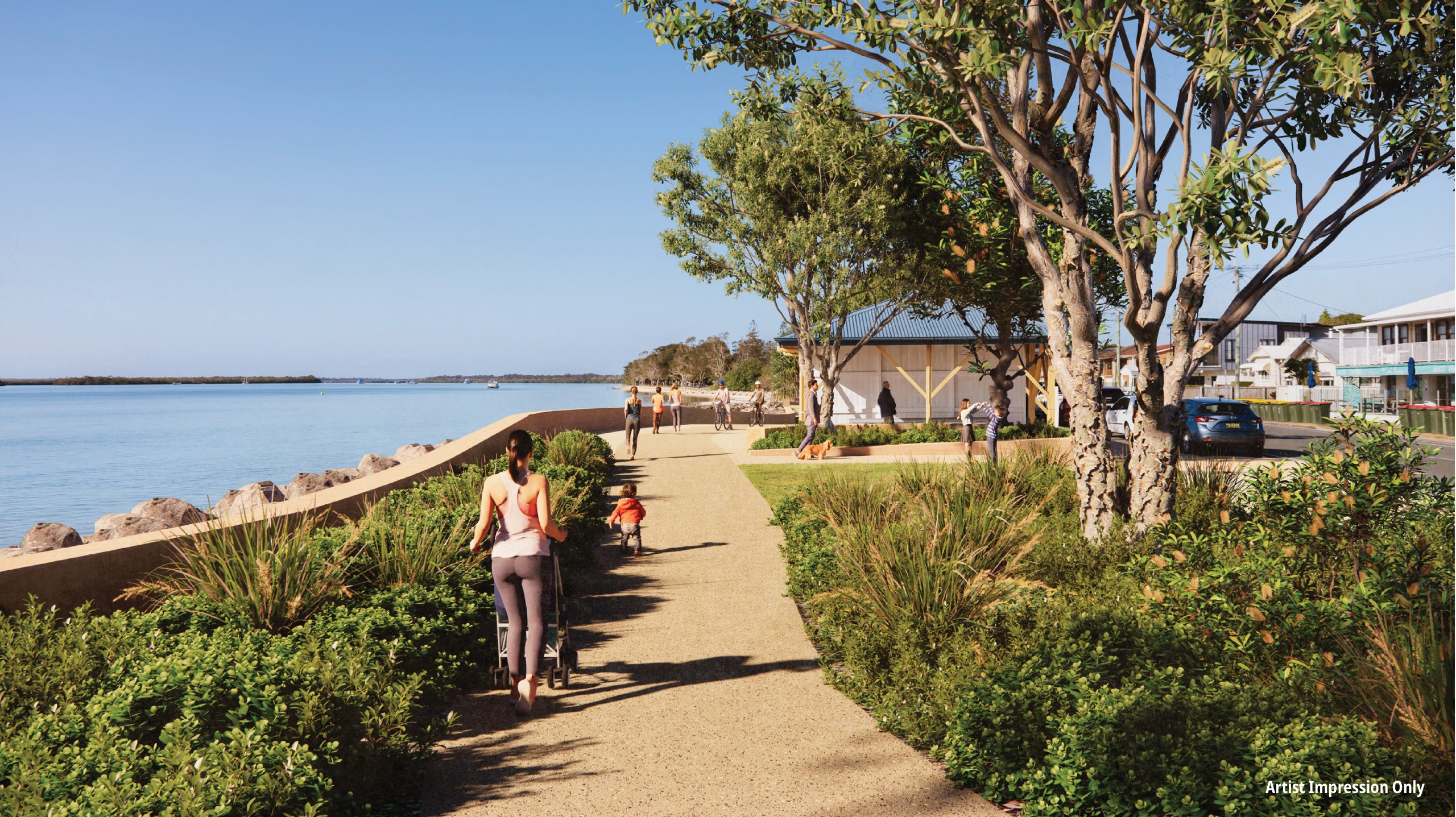 Proposed: This is an artist impression looking south to the proposed improvements to the picnic shelter area at Military Jetty. 