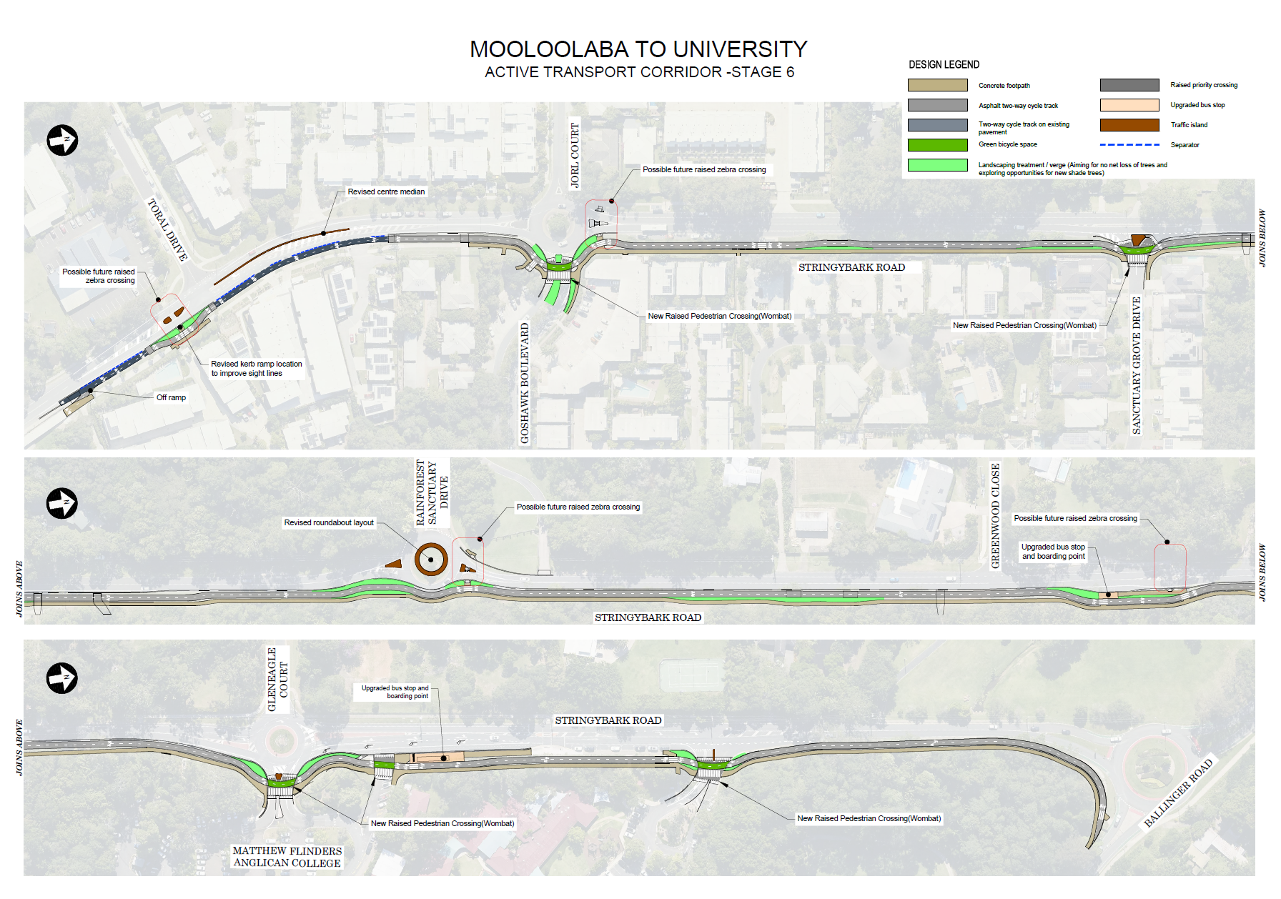 A design map for Stage 6 of the Mooloolaba to University Active Transport Corridor. The plan includes key roads and locations such as Toral Drive, Jorl Court, Goshawk Boulevard, Sanctuary Grove Drive, Stringybark Road, Rainforest Sanctuary Drive, Greenwoo