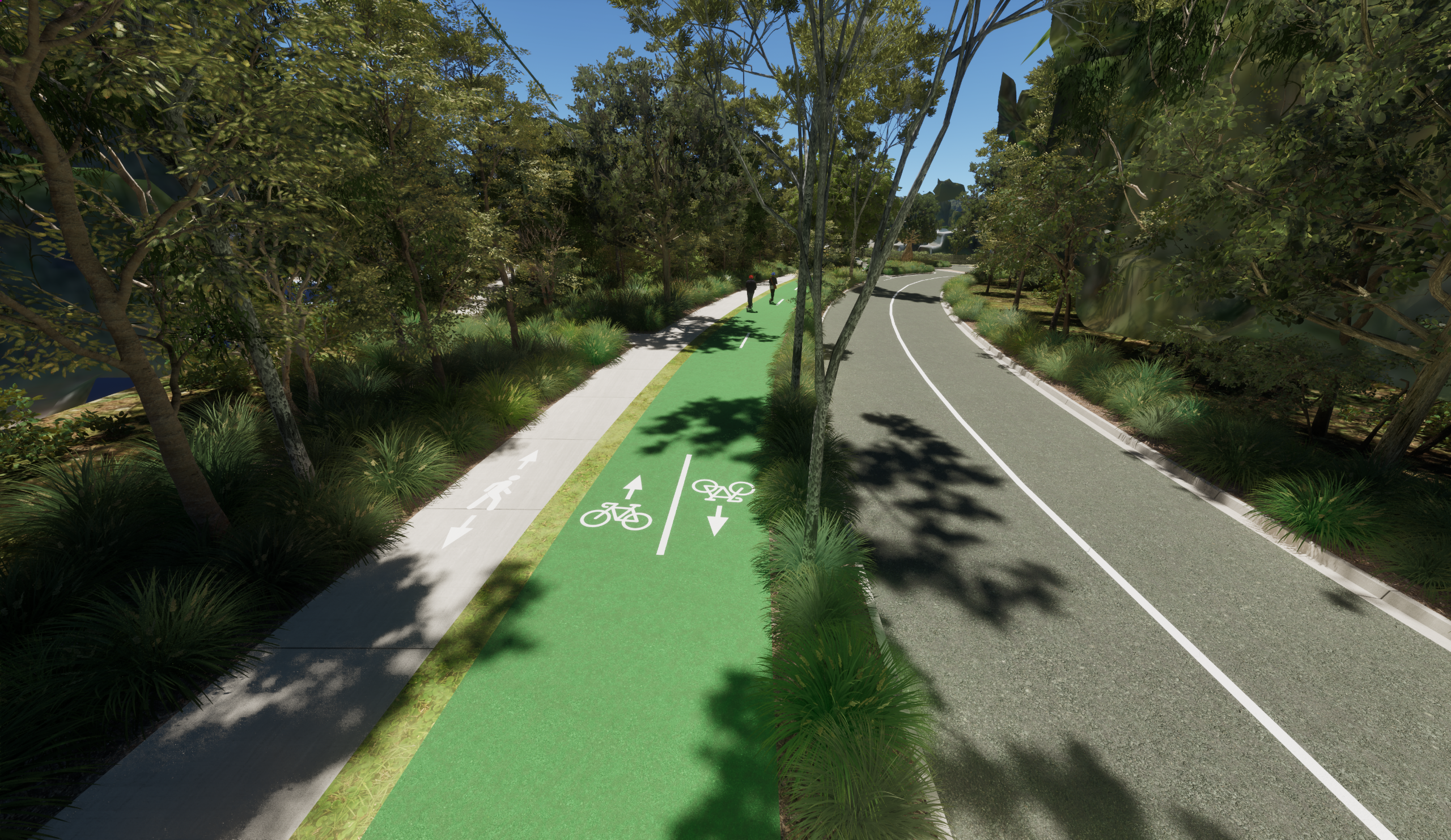 Artist impression showing Goshawk Boulevard extension with one traffic lane in each direction, dedicated two-way riding path, walking path and street trees