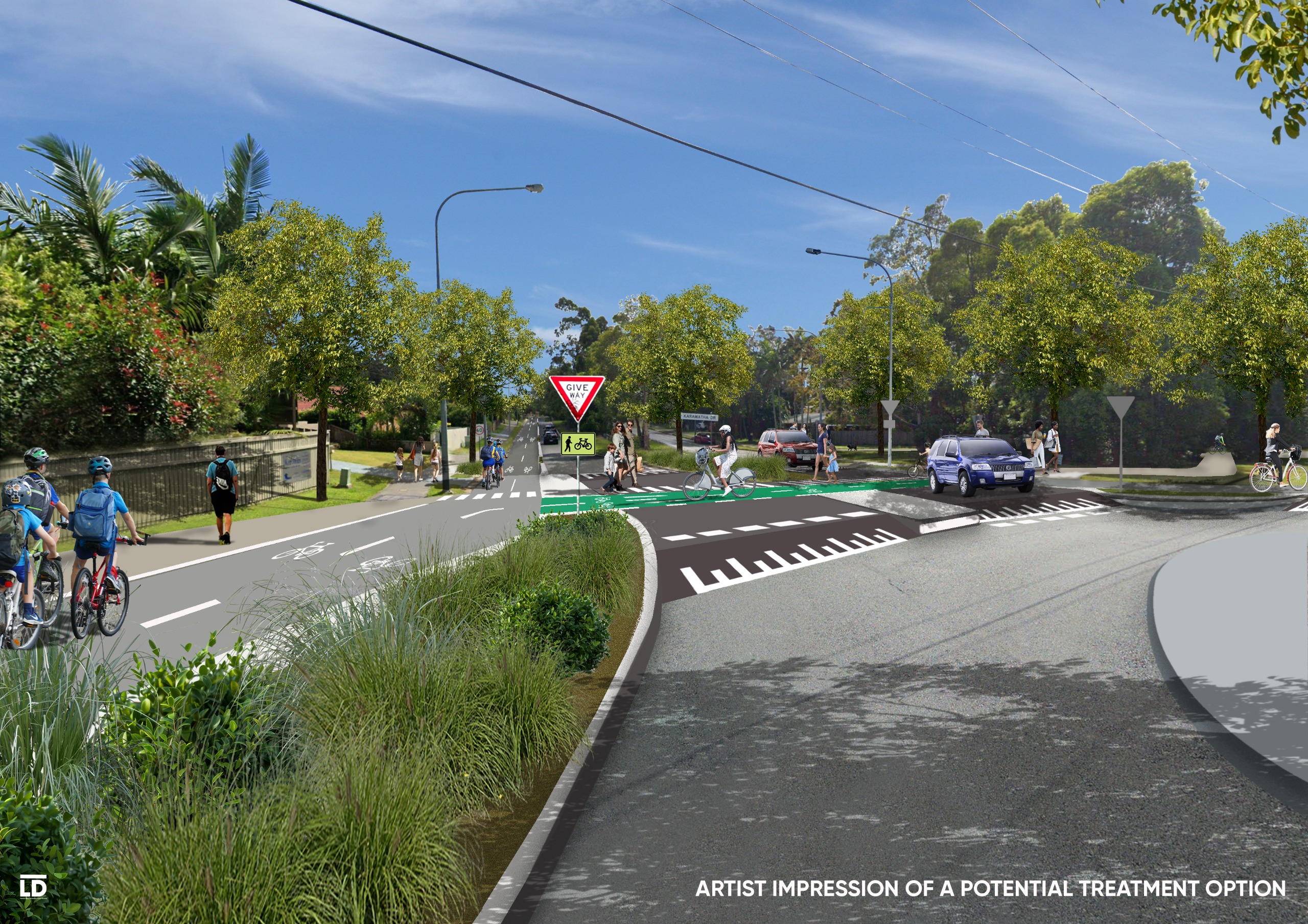After: Proposed concept - view north east up Karawatha Drive at roundabout at Golf Links Rd, Mountain Creek (Issue H)