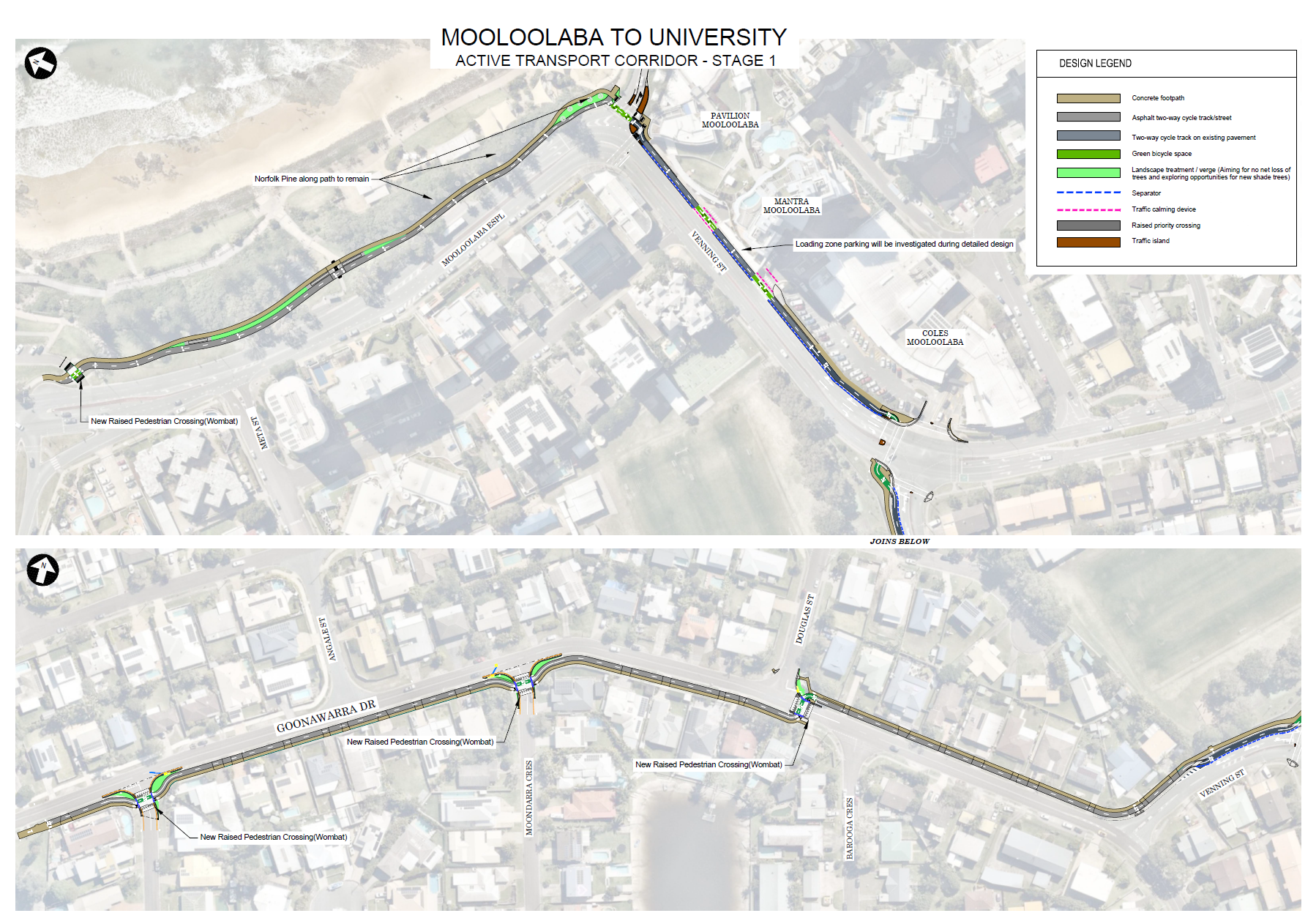 A design plan for Stage 1 of the Mooloolaba to University Active Transport Corridor. The map highlights several streets including Mooloolaba Esplanade, Venning Street, Meta Street, Angale Street, Goonawarra Drive, Moondarra Crescent, Barooga Crescent, and