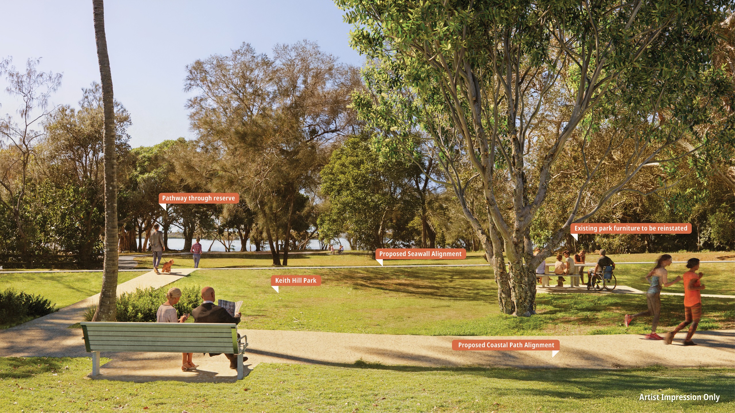After: artist impression of the same area that shows pathway through reserve, propsed seawall alignment, proposed coastal path alignment, and existing park furniture to be retained