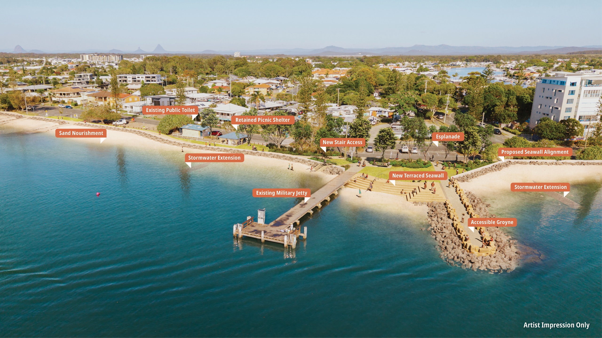 After: artist impression of the area that shows sand nourishment, existing public toilet, retained picnic shelter, stormwater extension, existing military jetty, new stair access, new terraced seawall, esplanade, accessible groyne, proposed seawall alignment, an
