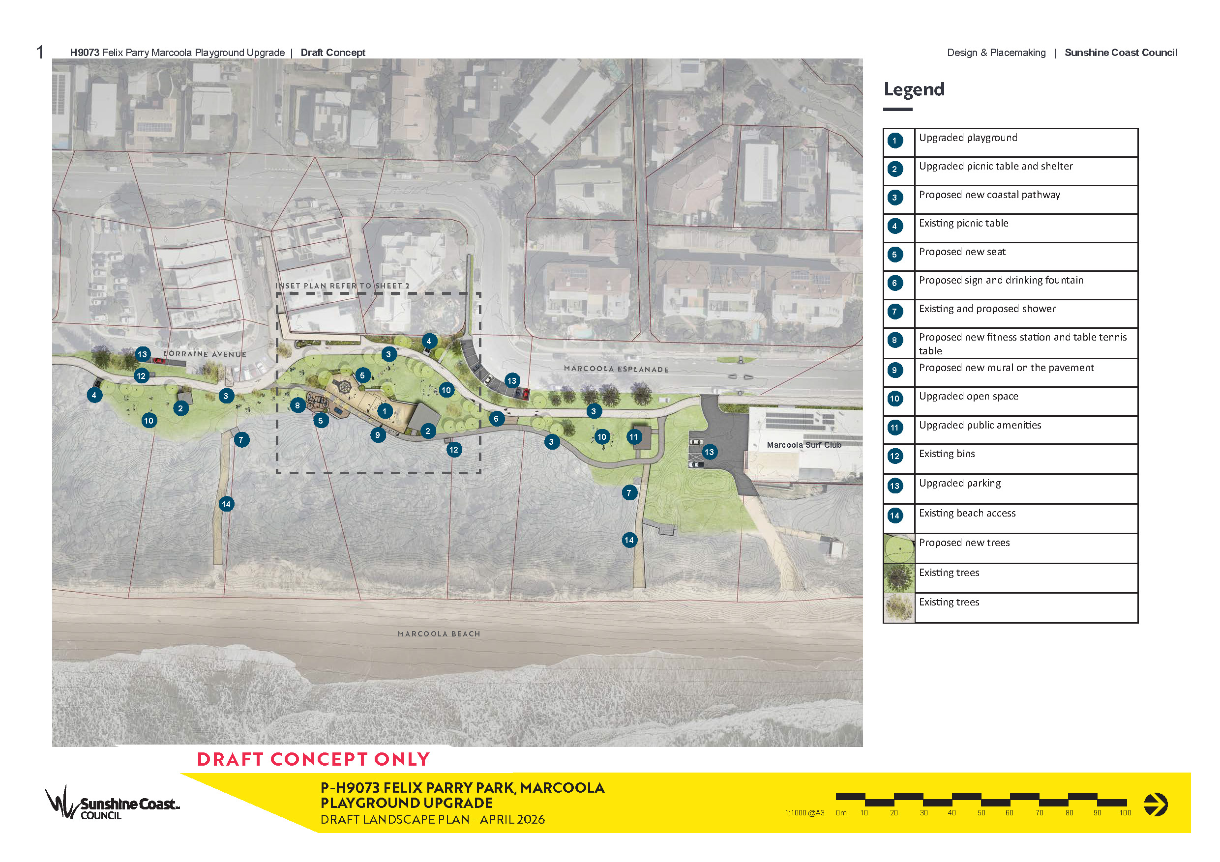 This image shows the concept design for Felix Parry Park, page 1