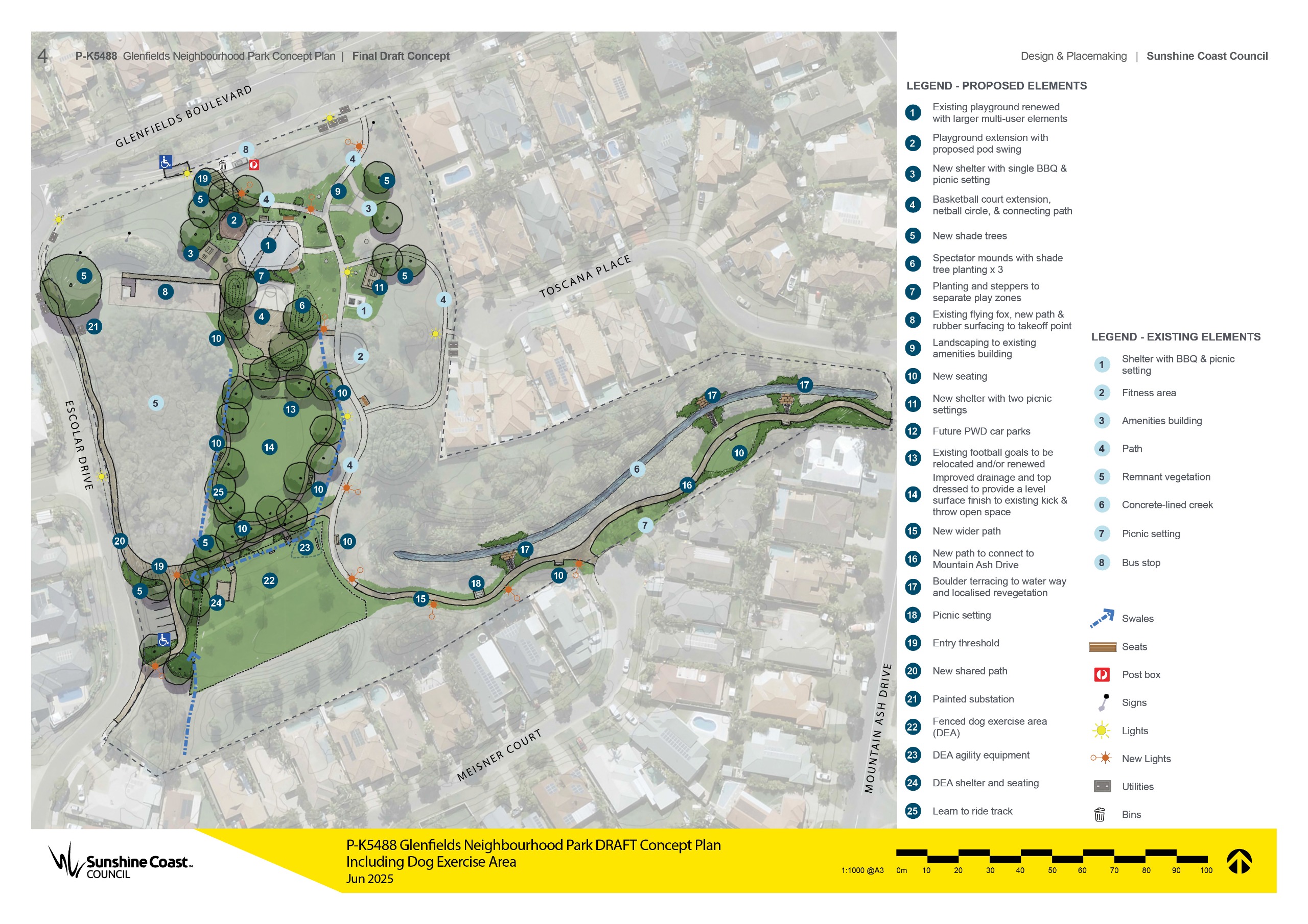 Colour photo of the final landscape plan for Glenfields Neighbourhood Park