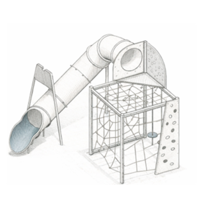 A playground structure featuring a slide, climbing frame, and a net for climbing.