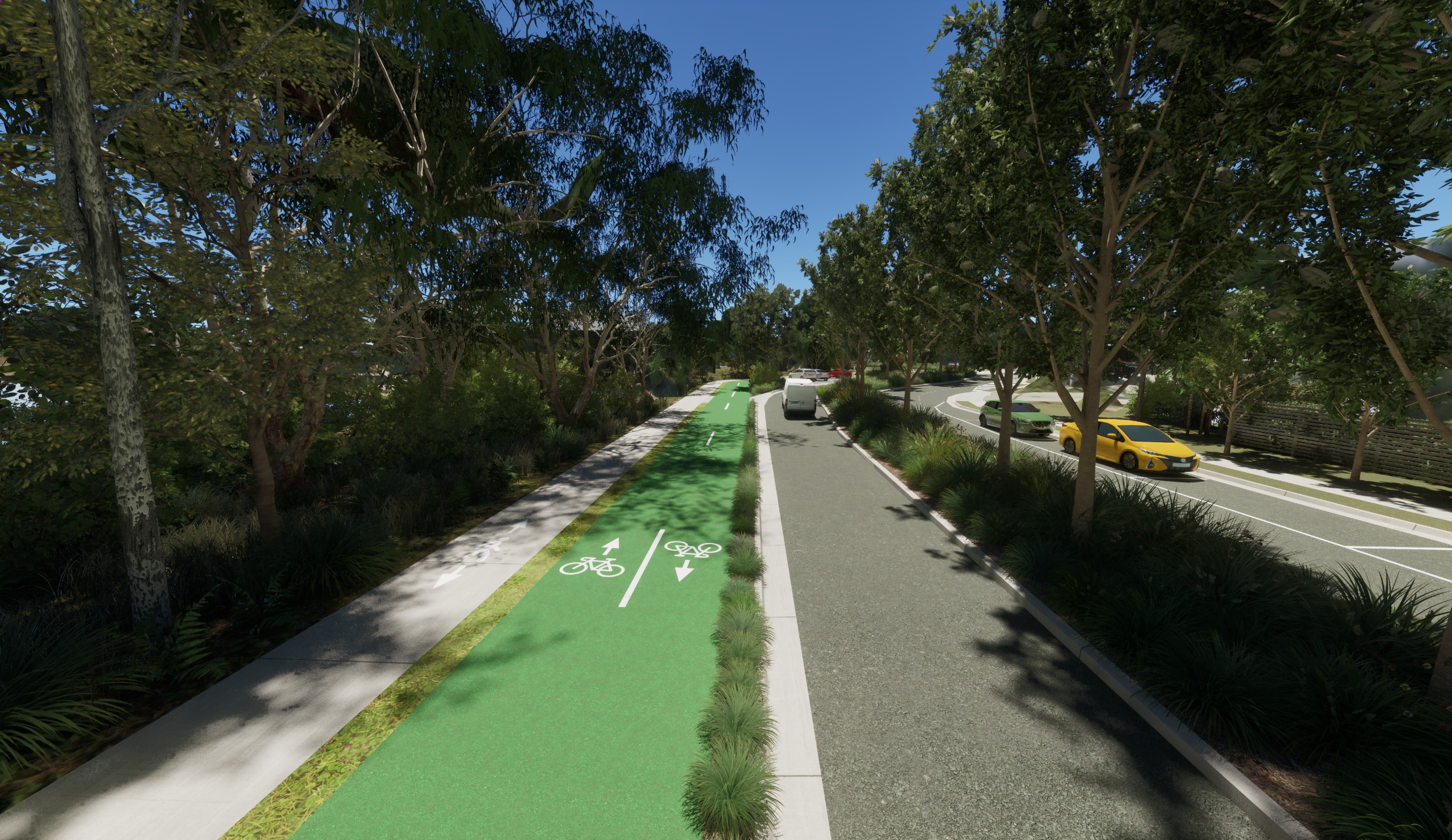 This is an artist impression showing a two-way riding path and walking path added to existing section of Goshawk Boulevard