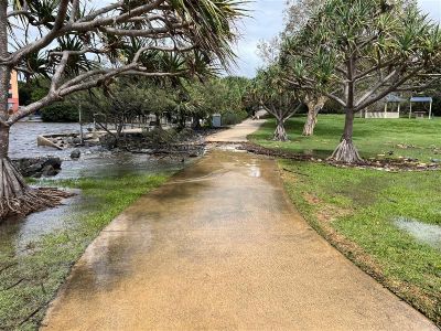This image shows the impact of coastal and flooding hazards at Apex Park, Golden Beach 