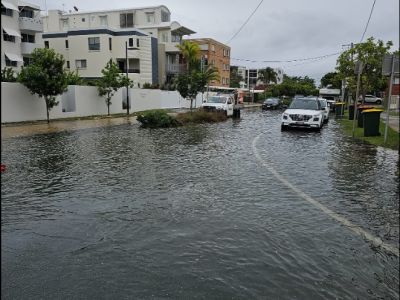 This image shows the impact of coastal hazards and flooding at Maloja Street, Caloundra 